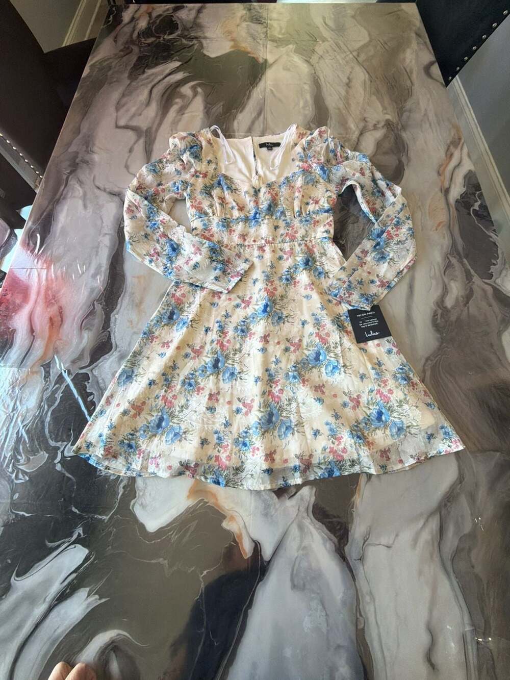 Lulus Lovely Type Ivory Floral Print Long Sleeve A-Line Mini Dress